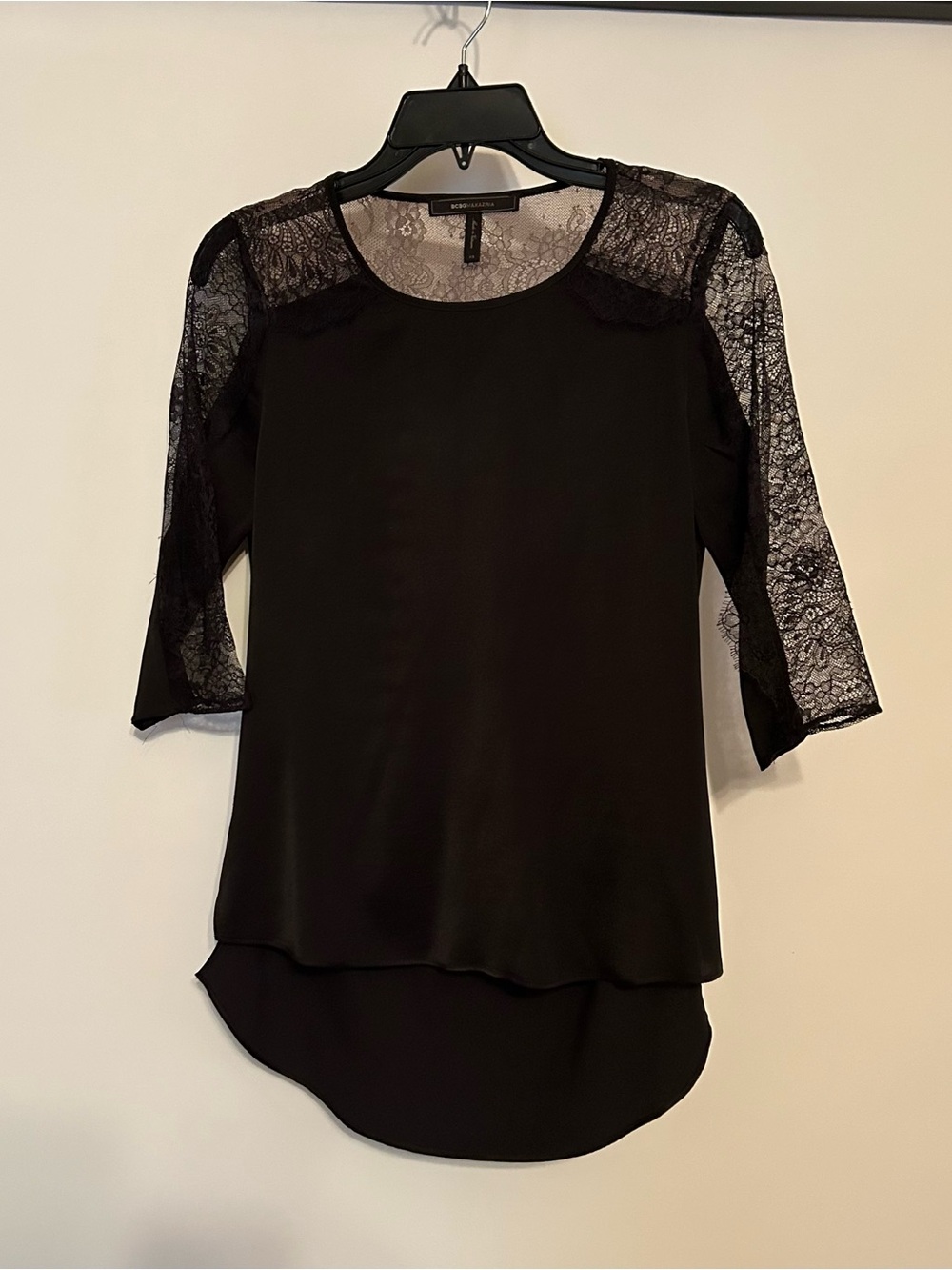 BCBGMaxAzria Black Lace-Detail High-Low Blouse